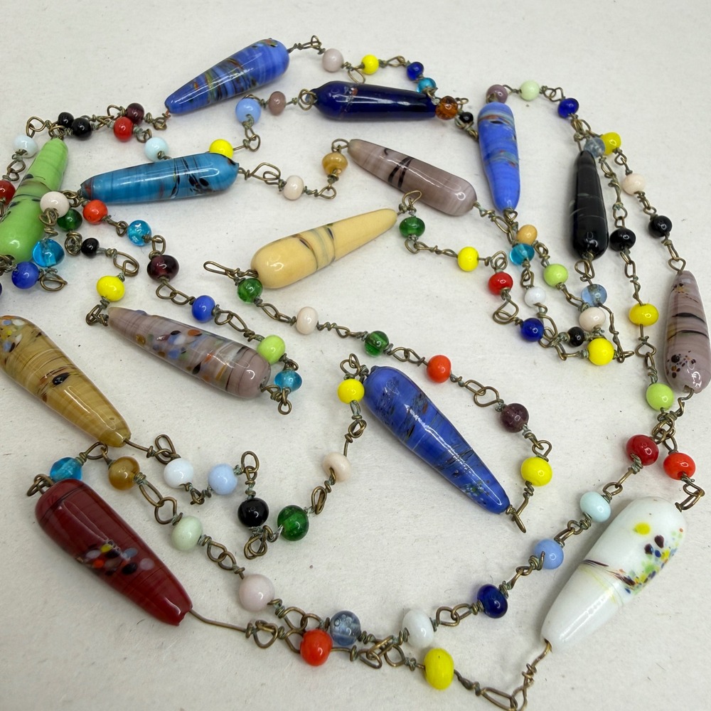Czech Torpedo Glass Beads‎ Long 52" Flapper Length Mardi Gras Splatter Necklace
